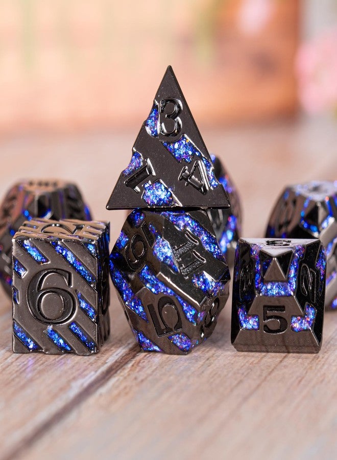 Maywin Metallic Glitter Stripes D&D Dice Set,7 PCS Polyhedral Dice with Gift,RPG Metal Dice Set Dungeons and Dragons Tabletop Game (Black Nickel Sapphire Blue) for 15 Years and Up - Image 4